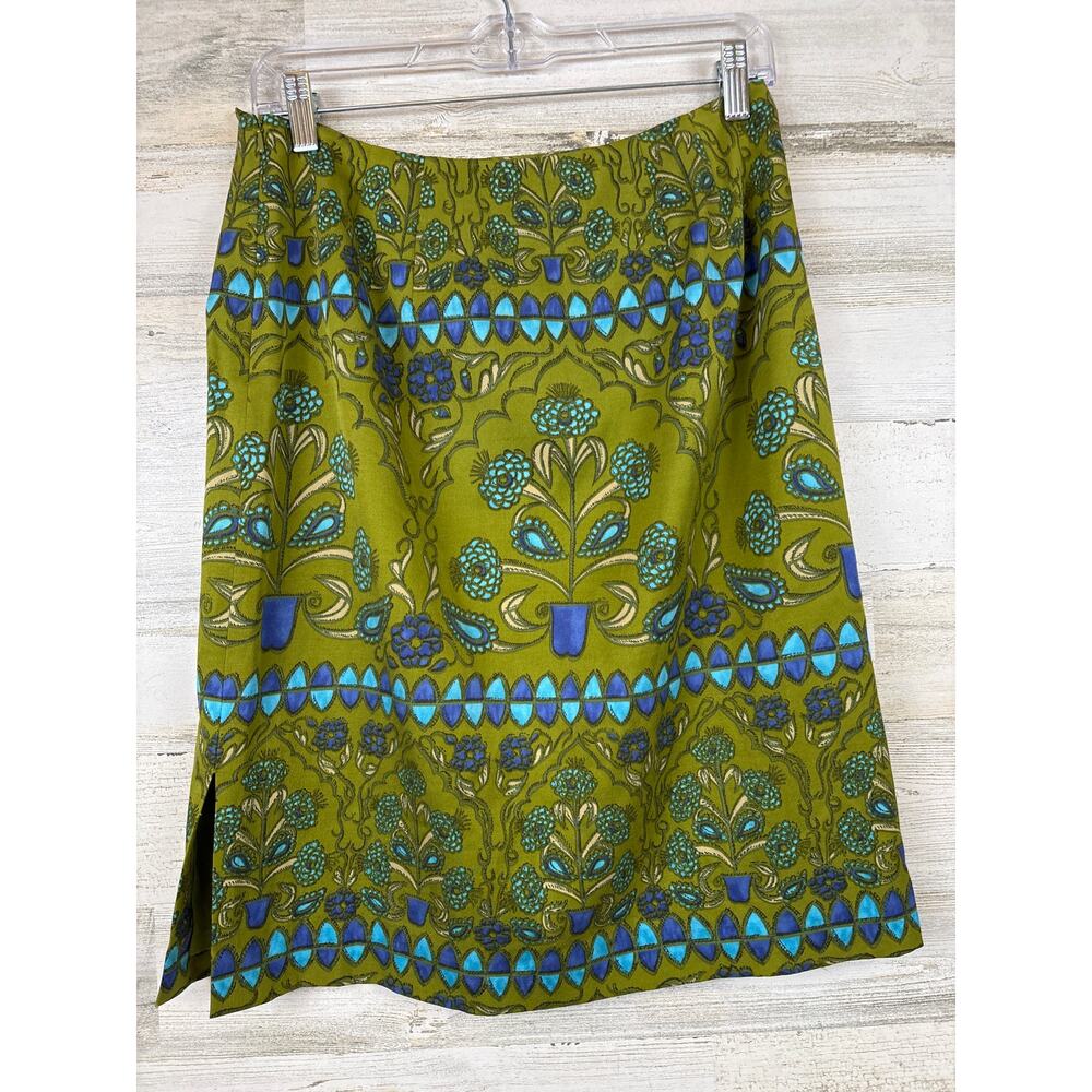 Vintage Talbots Womens 8 Green Blue Floral Boho Silk Mini Pencil Skirt Preppy